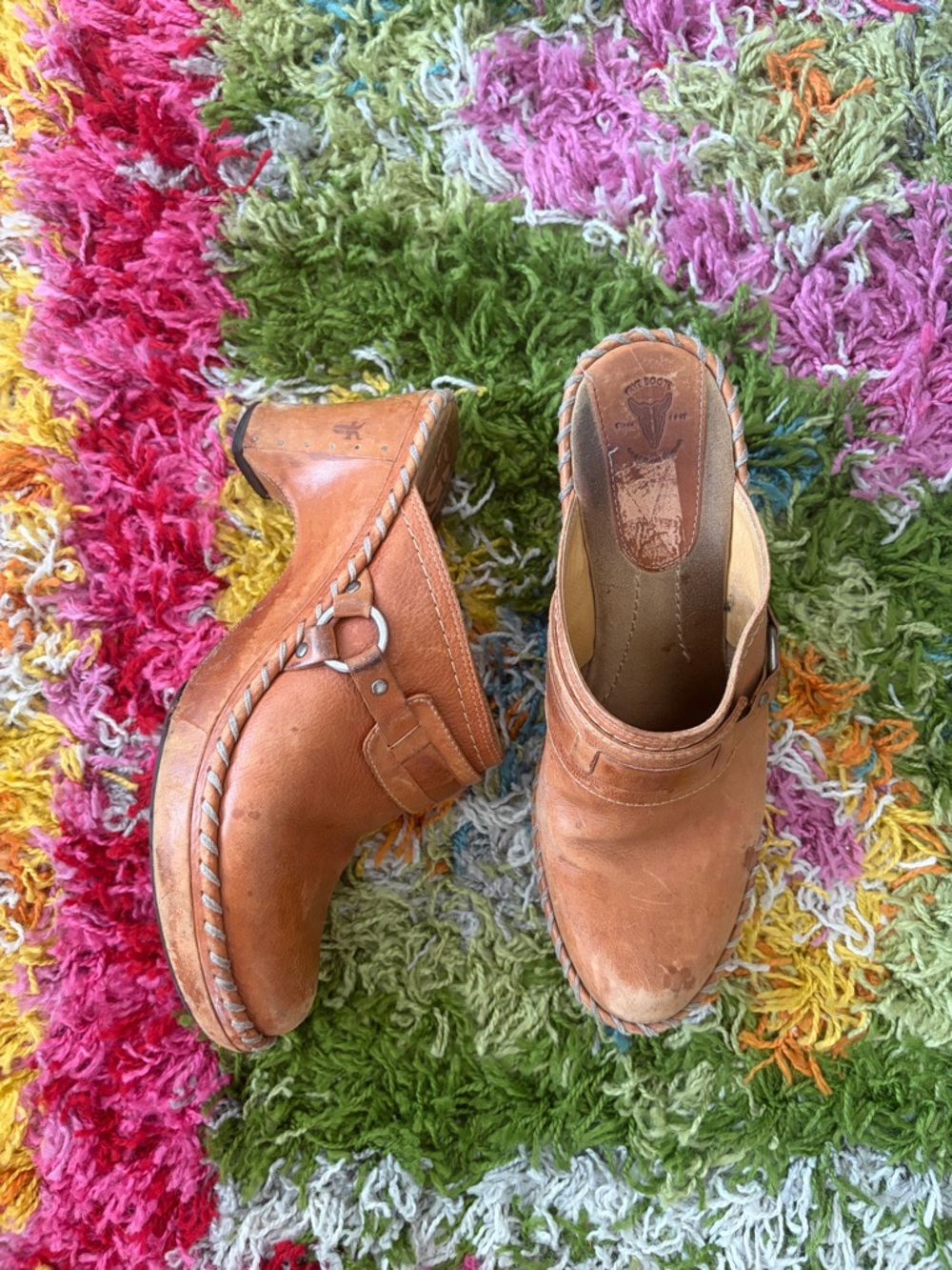 Frye Tan Leather Clog Mules with Side Strap & Ring